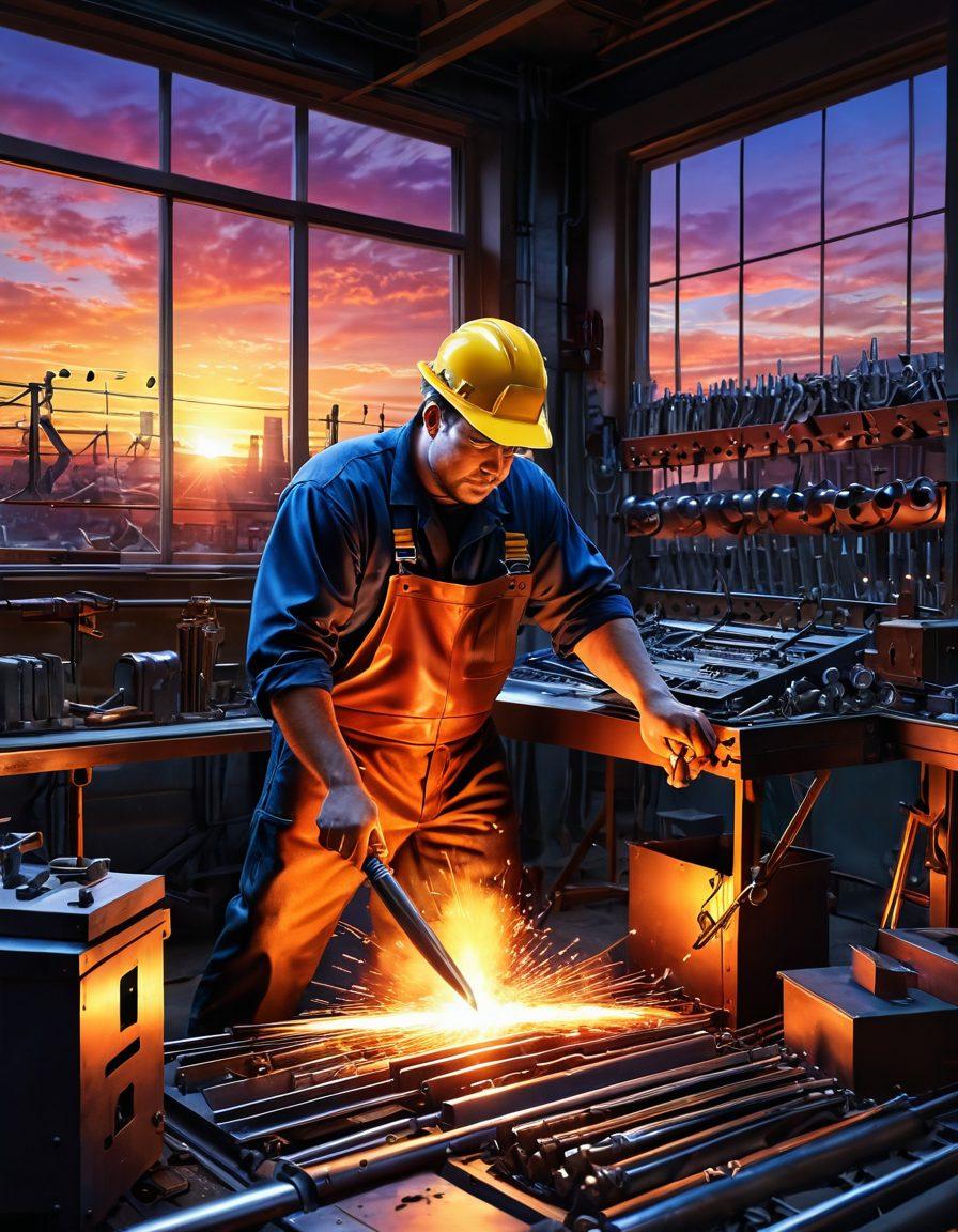 A vibrant scene of a steelworker in a workshop surrounded by gleaming metal instruments, with musical notes visually emanating from the steel. The backdrop features a colorful sunset, symbolizing creativity and harmony. Include tools of steelwork alongside sheet music scattered around. Energetic and joyful atmosphere. super-realistic. vibrant colors. 3D.