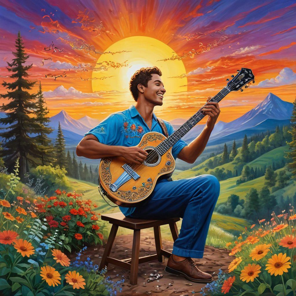 A whimsical scene depicting a person joyfully crafting melodies with a steel guitar, surrounded by vibrant musical notes swirling in the air. The backdrop features a radiant sunset casting golden hues, with lush greenery and colorful flowers symbolizing creativity. Elements like lyric sheets and steel strings intertwine, showcasing the fusion of craftsmanship and music. The overall atmosphere is uplifting and enchanting. vibrant colors. painting.