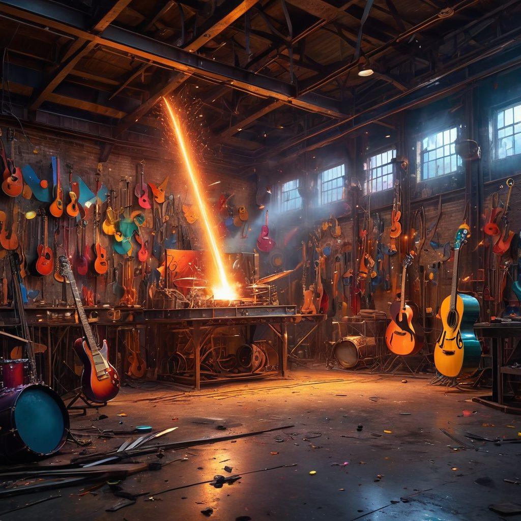 A vibrant scene depicting a steel workshop transforming into a lively musical stage, where steel beams morph into musical instruments like guitars and drums, surrounded by colorful notes and musical symbols. The atmosphere is energetic, with sparks flying from the metalwork, complemented by musicians joyfully playing their instruments. bright colors. super-realistic. dynamic composition.